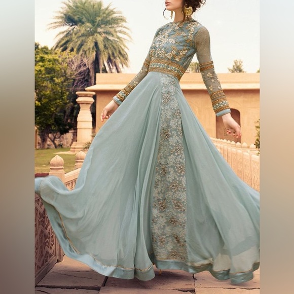 Light Blue and Gold Embroidered Anarkali Gown - Picture 3 of 11